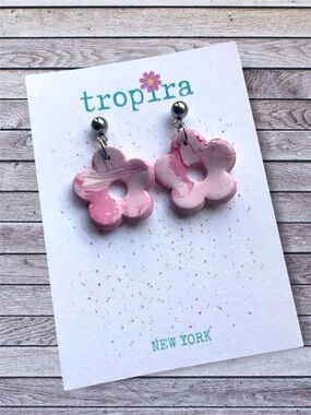 Tie Dye Style Pink Flower Drop Polymer Clay Earrings